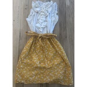 Vtg Girls from Savoy Ruffled Dress Sz 8 White Yellow Birds Belted w/‎ Pockets